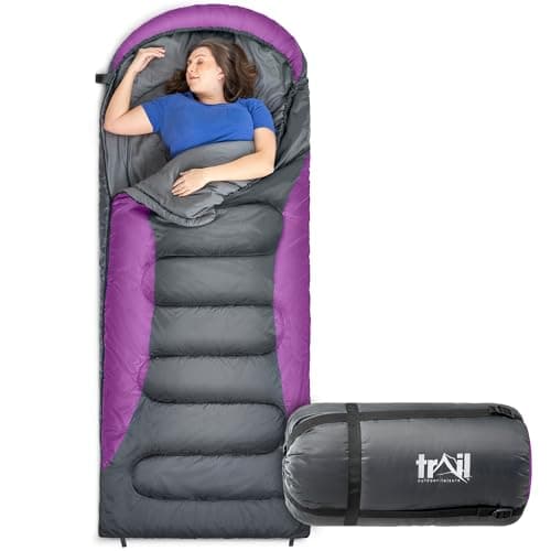Trail Alpine 250 XL Sleeping Bag with Hood (L230cm x W100cm), Large Extra Wide Envelope Sleeping Bag, 2 to 3 Season Camping, Lightweight, Water Resistant, Polycotton Liner, Compression Bag (Purple)