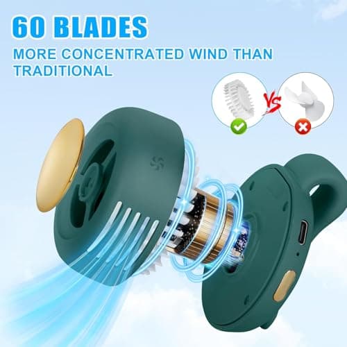 CLIUNT 3 Speeds Portable Silent Mini Bladeless Electric Fan, Clip On Waist & Neck Fan, Rechargeable Small Travel Electric Whirlwind Fan for Waist for Outdoor, Travel, Office (Green) — view 5