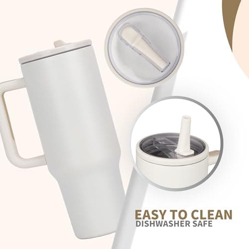 CherryKelly 40oz (1200ml) Tumbler with Handle & Flip Straw | Stainless Steel Travel Coffee Mug | Insulated Thermal Cup | Hot & Cold Drinks Water Bottle | BPA-Free - Cream White — view 3