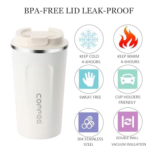 Shunshi Travel Mugs, Insulated Coffee Cup with Leakproof Lid - Reusable Coffee Cups Travel - Car Coffee Cup,Insulated Travel Mug - Keeps Your Drinks Hot or Cold(White/510ML) — view 3