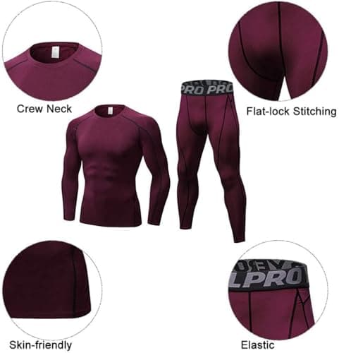 LANBAOSI Men's Gym Running Base Layer Top and Leggings Set Long Sleeve Compression Shirt Tights Thermal Underwear Suit, Wine Red, XL — view 4
