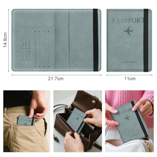 AOOSU Passport Holder Cover, PU Leather Passport Cover with RFID Blocking Travel Wallet, Portable Universal Travel Wallet Case Organiser for Money, Boarding Passes, Credit Cards Sky Blue — view 2