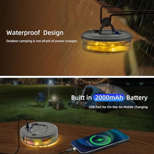 Mcbazel Camping Fairy Lights, 12M/39.4FT 120 LED Retractable Camping String Lights, 10 Modes, 2000mAh USB Rechargeable, IP67 Waterproof, Warm White & Multicolour for Tent Outdoor Garden Camping — view 5