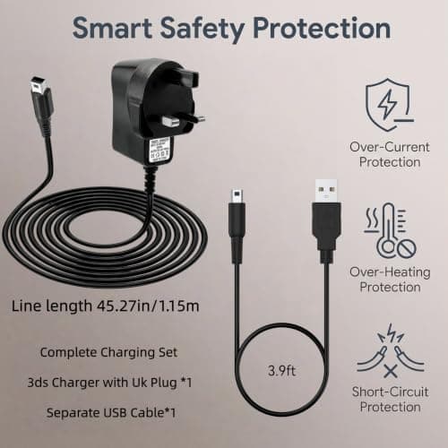 Charger for N-i-n-t-e-n-d-o 3DS & USB Charging Cable Set, UK Plug Power Supply Adapter + 1.2M Lead for New 3DS XL/2DS XL/DSi/DSi XL, Replacement Kit for Home & Travel — view 2