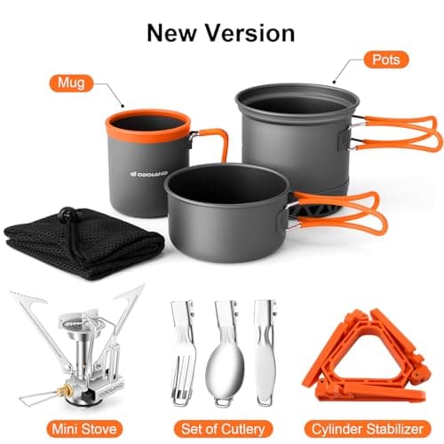 Odoland Camping Cookware Kit, 6pc Aluminium Mess Kit with Non-Stick Pot, Mini Stove, Mug, Cutlery & Storage Bag, High Efficiency Heat Exchanger Design — view 2