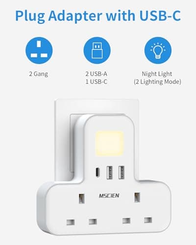 Double Plug Adaptor with USB (1USB-C), MSCIEN Plug Extension Socket Extender with Night Light Multi Plug Adapter, White Plug Adaptor, Wall Socket UK Power Strip for Home, Office — view 3