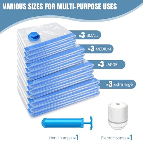 Travel Vacuum Bags with Pump, 12 Pack (3 Jumbo, 3 Large, 3 Medium, 3 Small) Reusable Space Saver Vacuum Storage Bags with Airtight Valve and Secure Double Zip, for Clothes, Pillows, Comforters — view 3