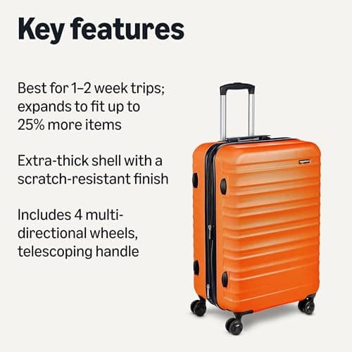 Amazon Basics Hard Shell Medium Suitcase - Expandable ABS Travel Luggage with 4 Double Spinner Wheels - Scratch Resistant and Lightweight Construction - 68 x 45.1 x 28.6cm - Burnt Orange — view 2