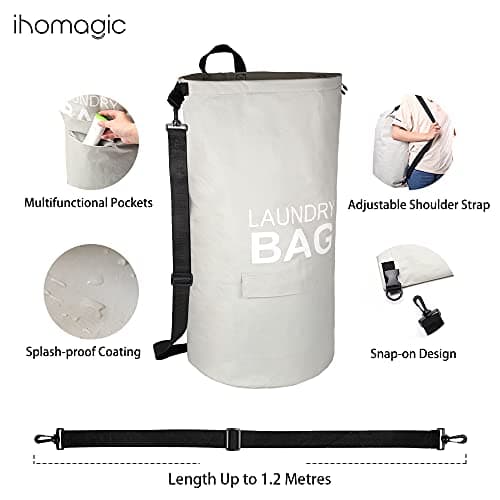 IHOMAGIC 71L Hanging Laundry Hamper Backpack with Adjustable Shoulder Straps, Foldable Laundry Basket with Handle and Pocket - Dirty Clothes Storage Bag for Travel, Laundromat, Apartment (Beige) — view 3
