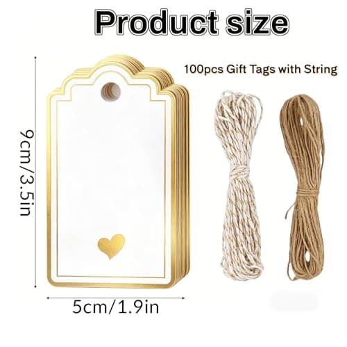 Dmnnlp 100pcs Gift Tags with String, Foil Gold Heart Paper Gift Tags, 5x9cm Personliazed White Blank Labels for Birthday Wedding Baby Shower Valentines Mothers Day Christmas Decoration — view 2