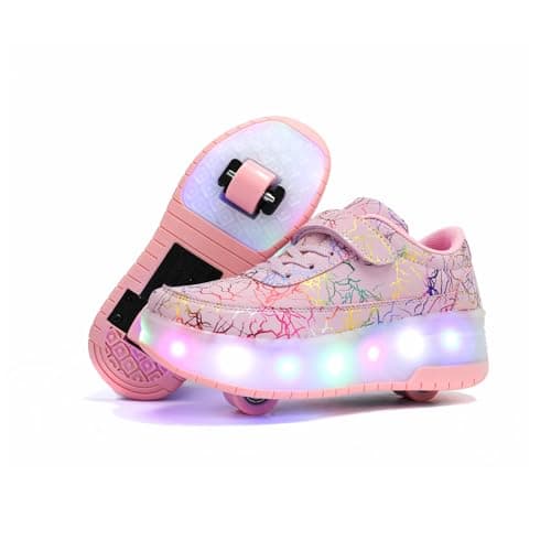 HUSKSWARE Kids Shoes with Wheels – LED Light-Up Roller Sneakers Boys Girls, Retractable Skating Trainers, USB Rechargeable Outdoor Sports Shoes EU 27-40 White Black Pink
