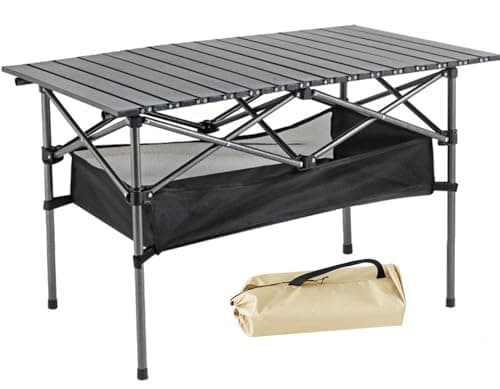 ROMIOR Foldable Camping Table, Alloy Steel Roll-up Picnic Table with Large Storage and Carrying Bag for Outdoor Picnic, Camping, BBQ, Party, Backyard, Beach (table/95x55x60cm)
