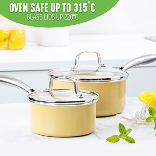 GreenLife Artizan Healthy Ceramic Non-Stick 14cm/1l and 18 cm/2l Saucepan Pot Set with Lids, Stainless Steel Handle, Induction, PFAS-Free, Oven Safe, Yellow — view 6