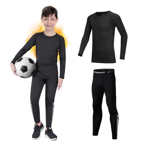Giyim Kids Base Layer - Fleece Lined Athletic football skins, Warm Football Skins Long Sleeve Top and Leggings Compression Set, Reflective Line Thermal Underwear for Biking, Ski & Running(Black,24)