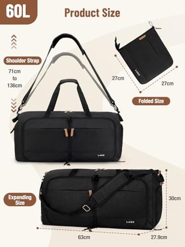 Lekesky Large Foldable Travel Duffe Bag - 60L Waterproof Holdall Luggage Bag with Shoes Compartment, Weekend Overnight Sports Bag for Women and Men(Black, 63 * 30 * 28cm) — view 3