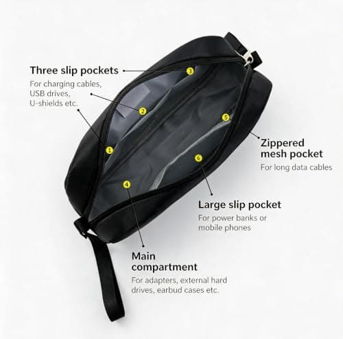 Nerciony Black Oxford Cloth Tech Pouch, Water Resistant Cable Organiser Bag for Travel Accessories, Portable Electronics Travel Organizer & Power Bank Case for Cords, Chargers, Hard Drives — view 4
