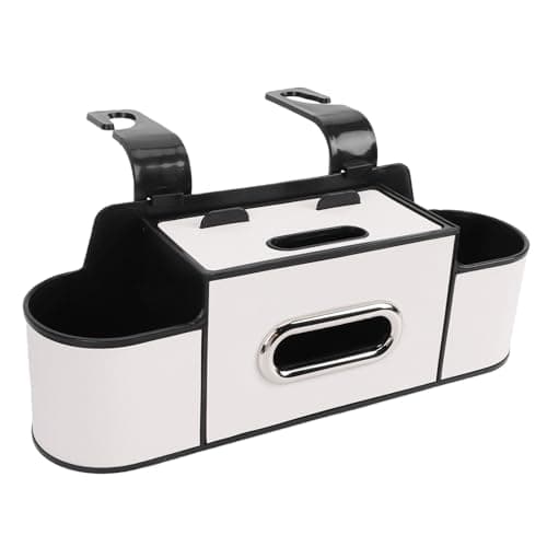 Tnfeeon Car Back Seat Organizer, Tissue Dispenser Headrest Storage Box with Dual Cup Holders Deep Slots and Two Bottom Hooks for SUV Truck Sedan Parents Road Trip Use Keeps Items Off (Cream White) — view 3