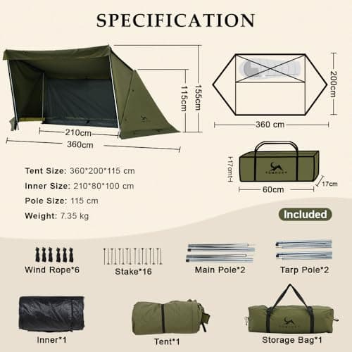 TOMOUNT Cotton Canvas Tent 1-2 Person, Waterproof, Windproof with Porch Awning & Snow Skirt - Lightweight Spacious for Camping, Hiking & 4-Season Outdoor Activities — view 2