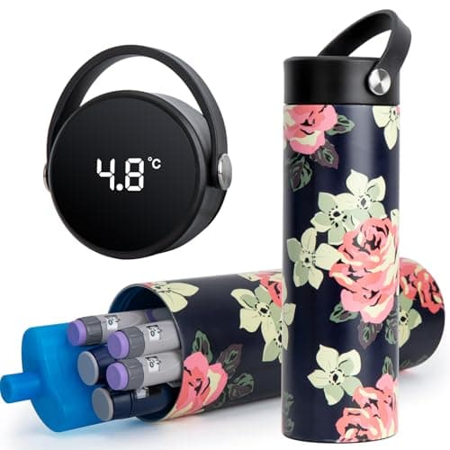 SUNMON Insulin Cooler Travel Case with Temperature Display, Portable Insulin Pen Case with Ice Pack, 24H Cooling for Diabetic Supplies, Flight Ready Hard Shell Holder for 1-5 Pens (Red Blossom)
