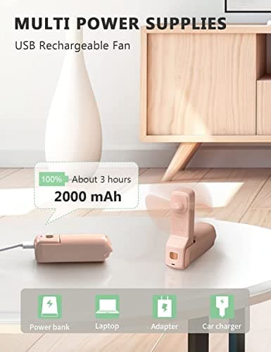 LETSCOL Handheld Mini Fan, 3 in 1 Hand Held Cooling Device, Portable and Personal with Power Bank & Flashlight, Foldable for Travel, Desk, Makeup (Pink) — view 4
