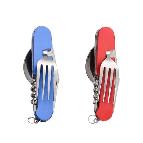 FUZVOL Folding Camping Cutlery Set Stainless Steel Portable Utensil 6 in 1 Multitool Outdoor Tableware for Travel, Hiking, Picnic (2 Pack), Blue+Red