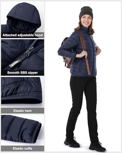 Outdoor Ventures Women's Winter Lightweight Puffer Jacket with Hood, Warm, Short, Packable, Quilted, Transitional, Padded Jacket for Ladies, Lined for Hiking, Travel Deep Blue M — view 4