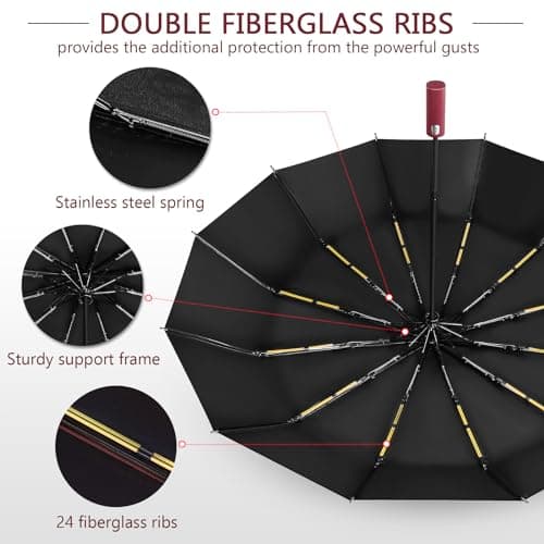 Lychico Windproof Travel Umbrella - Compact, Automatic Folding, 12 Ribs, Wind Resistant for Rain, Portable, Single Hand Use, Small, Light, Strong Backpack Protection, Red — view 5