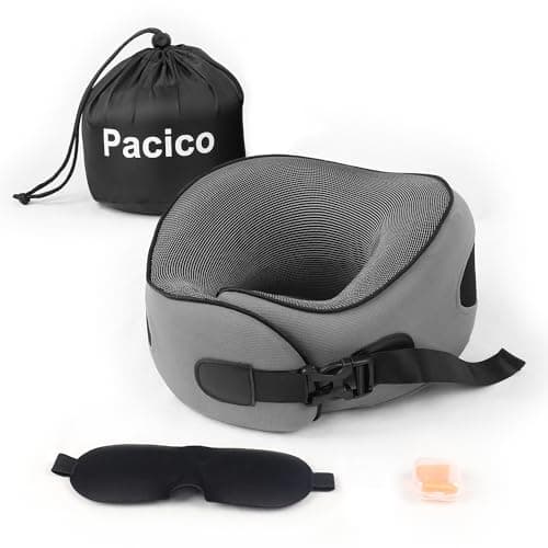 Pacico Travel Pillow, Neck Pillow, 100% Pure Memory Foam Sleeping Pillow for Car, Train and Airplane, Travel Kit with 3D Contoured Eye Masks and Earplugs, Dark Grey