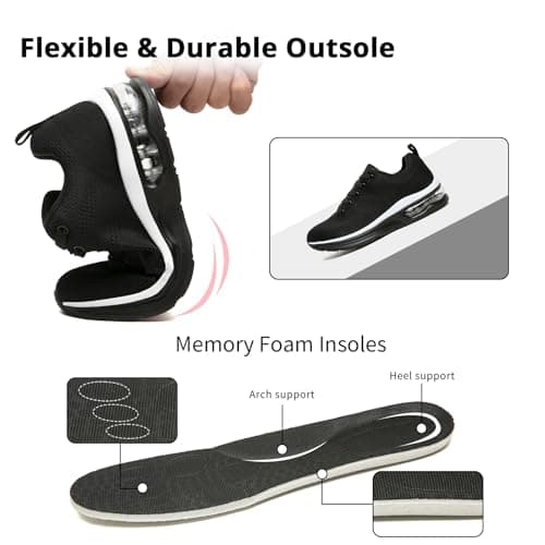 Womens Trainers Outdoor Running Shoes Air Cushion Athletic Walking Shoes Ladies Sneakers Breathable Mesh Sport Shoes Lightweight Tennis Shoes Workout Casual Jogging Shoes Black White — view 6