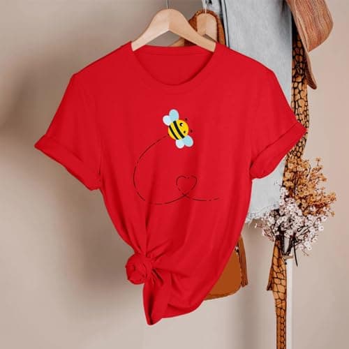 2026 New Womens Crew Neck T Shirt Drop Shoulder Printed Casual Tee Easy Fit Airy Touch Summer Top for City Break Holiday Shorts Daily Wear Light Packing Red L — view 2