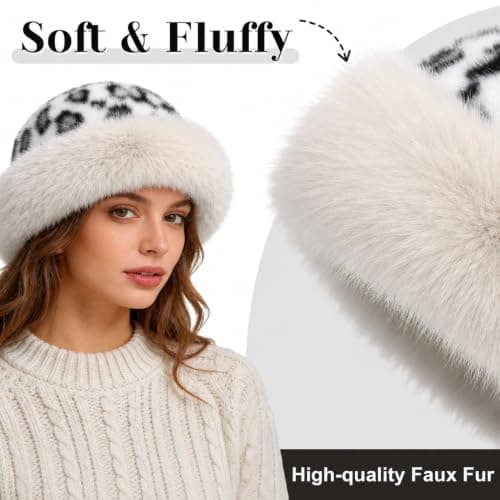 Faux Fur Bucket Hat for Women, Russian Style Winter Fluffy Fuzzy Ladies Hats Travel Hiking Work Home, Chapeau Fourrure Femme Winter Fashion Gift (White Leopard) — view 3