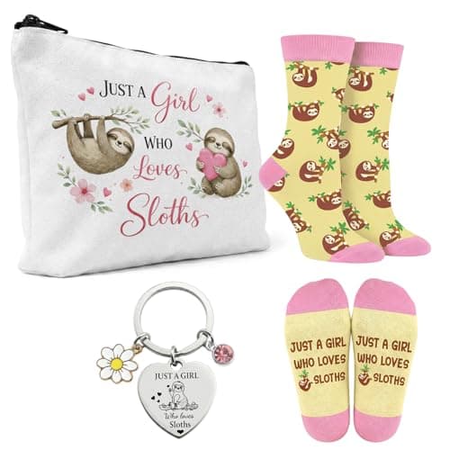 prezentz Sloth Gifts for Women, 3 Piece Cute Animal Lover Gift Set with Sloth Makeup Bag Cotton Socks and Stainless Steel Keyring, Birthday & Christmas Gift for Girls Daughter Sister Friend