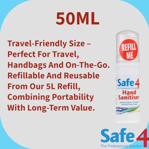 Safe4 Alcohol-Free Hand Sanitiser Foam – Kills 99.9% of Bacteria & Viruses – Fresh Eucalyptus – 50ml Travel Size — view 2
