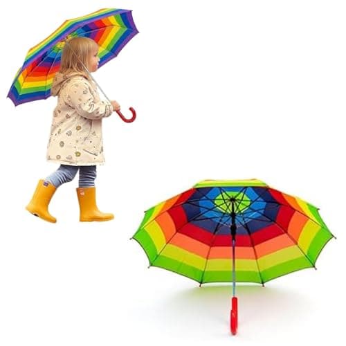 AOC24 Kids Rainbow Umbrella, Waterproof Rain Umbrellas, Strong Metal Tube Safe Canopy Tips, Polyester with Curved Handle, Easy to Use Toddler Umbrella Bright Colour Design for Girls Travel (1)