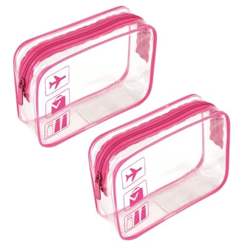 2pcs Clear Travel Toiletry Bag TSA Approved Quart Size Travel Bag Carry-on Liquid Cosmetic Pouch,Transparent Plastic Airport Security Toiletries Bags（Pink）