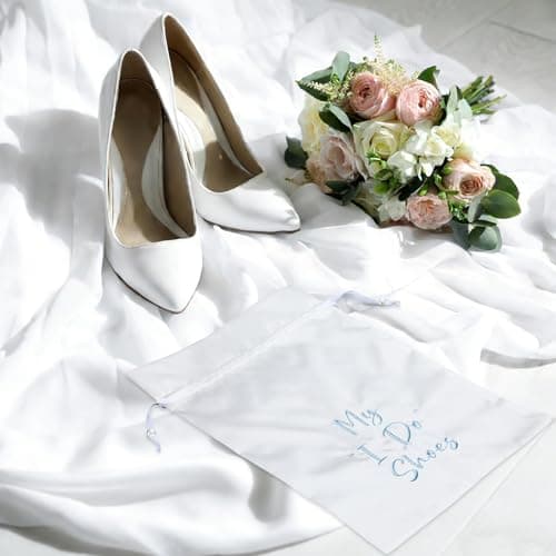 Wesnoy Bride Shoe Bag 11" x 9" Satin Wedding Shoe Storage Pouch with Drawstring Bridal Shower Gifts for Engagement Honeymoon — view 3