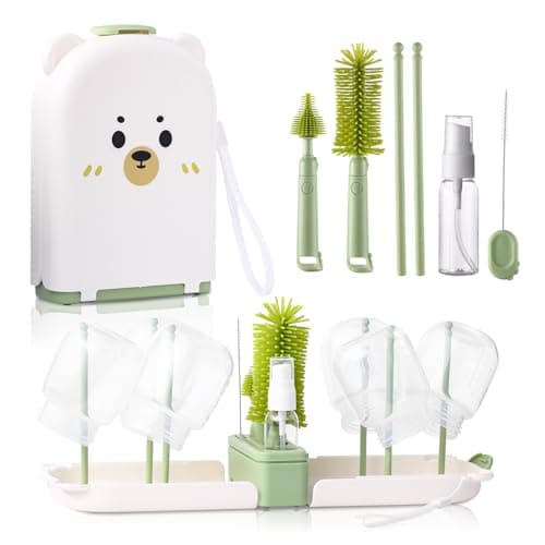 Baby Bottle Brushes for Cleaning Baby Bottle Cleaner Brush Travel Steriliser for Baby Travel Essentials with Silicone Bottle/Nipple/Straw Brush Soap Dispenser Drying Rack (Green)