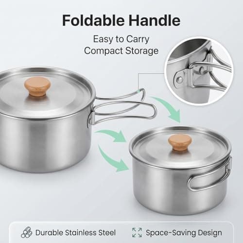 Raoletin Mess Tin Stainless Steel Mess Tins for Camping, Outdoor Portable Camping Pan and Pot with Lid, Folding Handle and Mesh Storage Bag for Gas Stove, Campfire, BBQ, Hiking, Picnic and Travel — view 4
