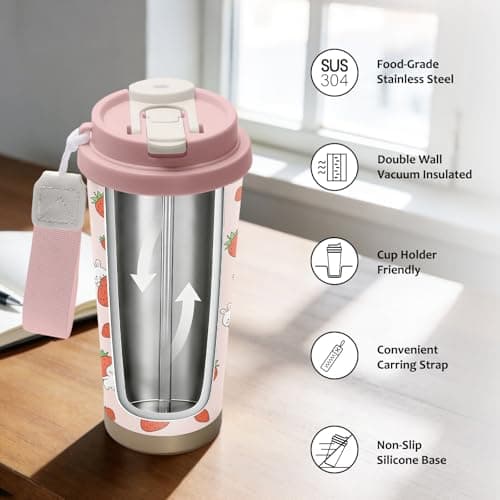 NEIUJADK Strawberry Stainless Steel 2-in-1 Lid Coffee Tumbler 18 oz Cute Strawberries Print Insulated Travel Coffee Mug Strawberry Themed Gifts for Women Girls Birthday Christmas — view 3