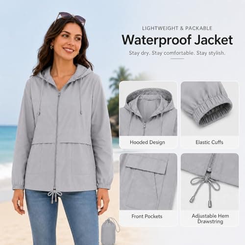 NWDEY Women's Lightweight Waterproof Jacket Ladies Packable Raincoat Hooded Windproof Rain Jacket Coat for Outdoor Travel (UK, Alpha, 3XL, Regular, Regular, Grey) — view 2
