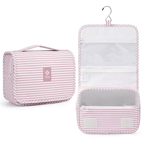 Narwey Hanging Toiletry Bag, Toiletry Bags for Women, Travel Toiletry Wash Bag Women, Toiletries Bag Washbag Makeup Bag Cosmetic Make up Organizer for Essentials (Dusty Pink Stripe)