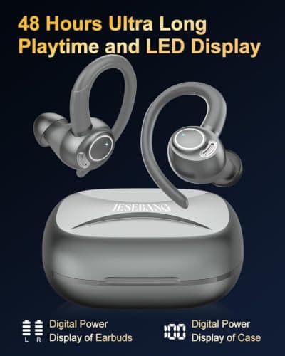 Sports Wireless Earbuds with EarHooks HiFi Stereo Sound with ENC Mic, Grey — view 6