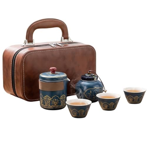 Complete Ceramic Travel Tea Set with Leather Case,Blue Chinese Tea Gift Set with Teapot, 3 Cups & Tea Caddy, Portable Tea Maker for Car, Camping, Office, Home Kitchen Daily Use and Family Tea Time