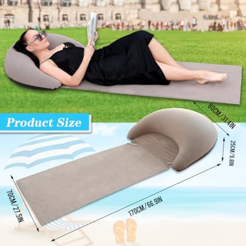 Inflatable Beach Mat Lounge Chair, Outdoor Sunbathing Sleeping Pad with Inflatable Pillow, Portable Flocking Beach Lounge Chair, Suitable for Lawn, Outdoor Camping, Travel, Beach Vacation (Khaki) — view 3