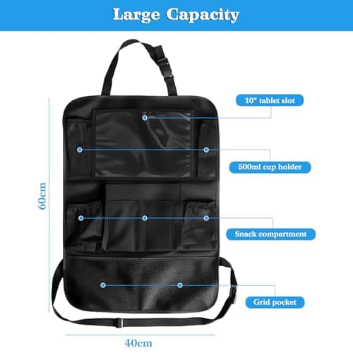 Plkjiu Waterproof Car Back Seat Organiser with Tablet Holder - 40x60cm Foldable Car Seat Protector for Kids Travel, Multi-Pocket Car Organiser Storage for SUV, Van & Sedan, Black — view 2