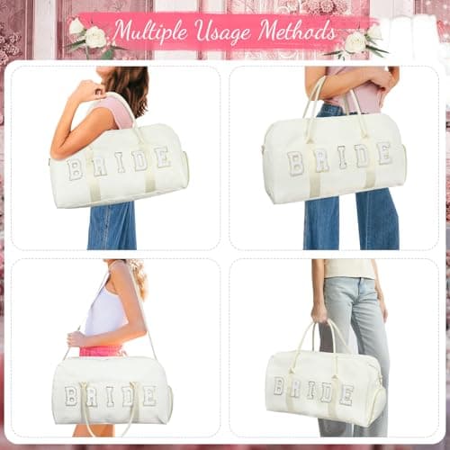 Bride Bag Bridal Shower Gifts 2 Pcs Wedding Weekender Tote Groom Duffel Chenille Letter Bag with Shoes Compartment Bachelorette Gifts for Bride to Be (White, Bride) — view 6