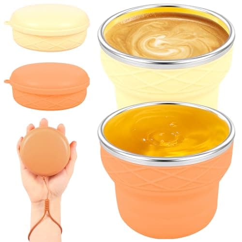 shaojian 2Pcs Collapsible Camping Cup 200ml Foldable Cup with Stainless Steel Rim and Lid, Portable Pocket Cups for Hiking Camping Travel Airport Hotel Mouthwash(Orange+Yellow)