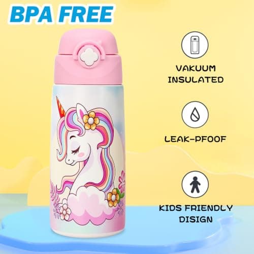 ntskood Girls Unicorn Water Bottle for School,Kids 16 oz Insulated Stainless Steel Cup with Straw, Double-Wall Vacuum Leakproof（Unicorn） — view 3