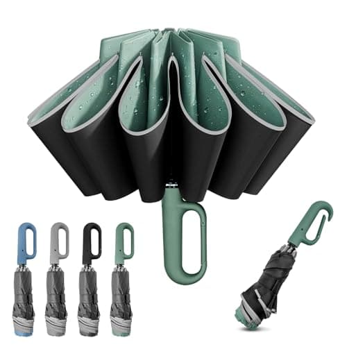 M.J COMFY-LIFE Compact Reverse Folding Umbrella with Ergonomic Carabiner Handle – Travel Umbrella Windproof & Waterproof, Auto Open/Close, Strong 10-Rib Frame, Portable Folding Umbrella (Green)