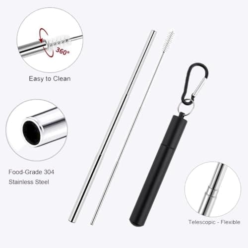 Metal Straw, Reusable Drinking Straws, Collapsible Straw, Collapsible Metal Straws Drinking, with Case and Cleaning, for Home Travel and Office (Black) — view 6